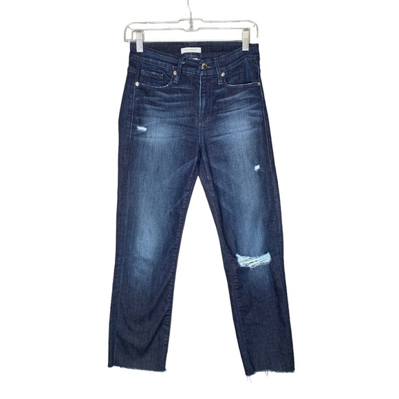 Good American Good Straight Dark Wash Distressed Raw Hem Jeans 0/25 Mid Rise - Picture 1 of 9